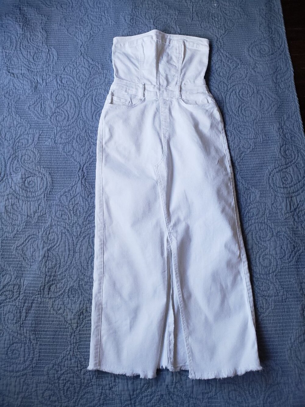 STR Denim Bodycon Corset Strapless Raw Hem Cotton White Midi Dress